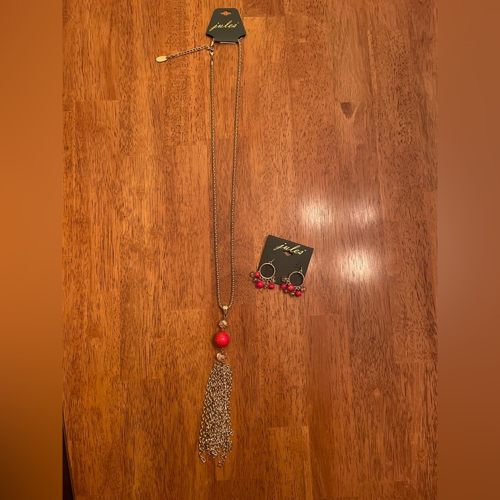 Gold and Coral Tassel Necklace with Bead Accent
